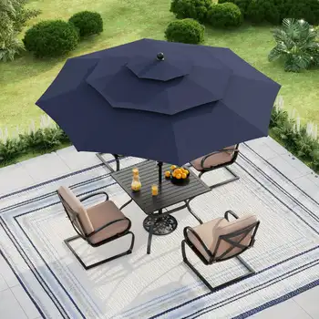 10-крак чадър за двор, 3 нива, вентилирани чадър за пазара на открито с дръжка и наклон, изцяло алуминиева рамка, тъмно синьо за плаж на открито G