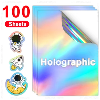 100 Листа самозалепваща хартия за винилови стикери с холограмен печат бяло прозрачно злато за мастилено-струен принтер