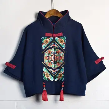 2023 бродерия в китайския етнически стил, пролетно-есенни женски памучни ленено палто в ретро стил с висока яка и къс ръкав s105