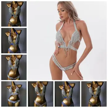 2023 Нов модерен секси сутиен с пискюли от планински кристал, бижута за тяло за жени, бански костюми, бикини, бански на плажа с веригата за тялото, украси за партита