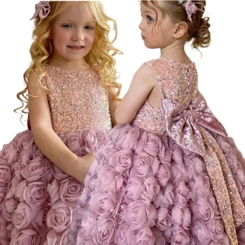 2023 Ново записване, розово сладко принцеса рокля за момичета, детски дрехи за парти в чест на рождения ден с голям лък, детско сватбена рокля в ретро стил за юноши