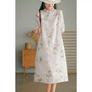 2023 традиционното дамско елегантно памучно семе и лененото рокля чонсам в китайски стил с къс ръкав и цветен модел hanfu трапецовидна форма, по-добра рокля ципао