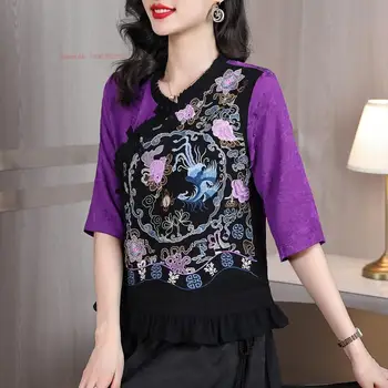 2023 цветна бродерия ретро костюм тан блуза, традиционен китайски ретро сатен жакард hanfu върховете яке, ризи в етнически стил
