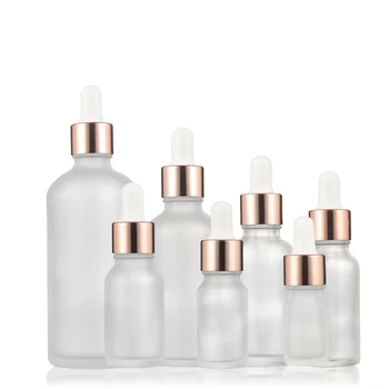 5 бр. бутилка за етерично масло от прозрачно матирано стъкло обем 5-100 мл, бутилка-краен от розово злато