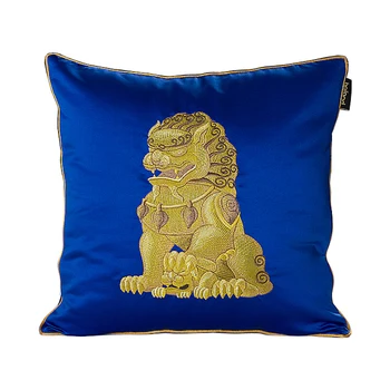 DUNXDECO Луксозна китайската традиционна калъфка с лъв, декоративна възглавница, модерен арт синьо-червен цвят, диван, фотьойл-легло Coussin