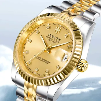 HOLUNS Луксозни класически дизайнерски златни мъжки часовник от неръждаема стомана, японски автоматични механични часовници Miyota самостоятелно ликвидация, бизнес ръчен часовник