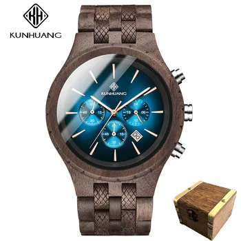 KUNHUANG Модерен мъжки бизнес дървени кварцов часовник с календар, хронограф, светещи мултифункционални ръчни часовници, мъжки Relogio