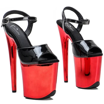 Leecabe 20 см/ 8 инча, отгоре от изкуствена кожа, черни, с червени сандали на платформа и висок ток, обувки за танци на един стълб