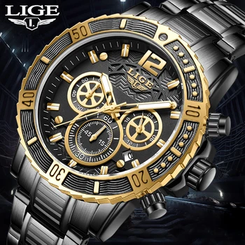 LIGE /Нови спортни мъжки часовници с хронограф, най-добрата марка за луксозни кварцов часовник от неръждаема стомана, водоустойчив мъжки часовник с голям циферблат, Relogio Masculino