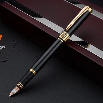 New Hero 1117 писалка със златно перо 12K, метална, черна и златна, с изключителни мастило, тънка, 0,5 подаръчен комплект за бизнес писма