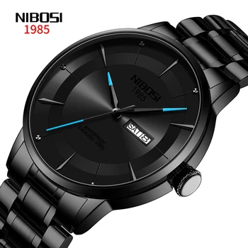 NIBOSI Модни стръмни черни кварцови часовници за мъже от луксозни неръждаема стомана, водоустойчив, с нежна дата, седмица, мъжки часовник Relogio Masculino