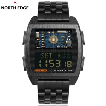 NORTH EDGE Нови мъжки дигитален часовник Cyber Tank в ретро-индустриален стил, една седалка, всички метални корпус часовници, спортни часовници, водоустойчиви 50-метрови умни часовници за мъже