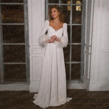 OIMG 2023 Булчинска рокля от мек сатен с пера, криви, с дълъг ръкав, копчета отзад, на много нива, трапециевидные, модерни сватбени рокли, рокля