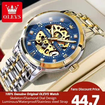 OLEVS 9901, автоматични мъжки часовници, бизнес-скелет, луксозен диамант циферблат, златни часовници, механични часовници за мъже, оригинални нови