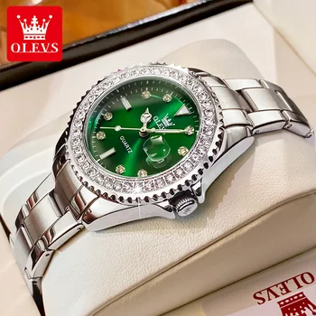 OLEVS 9945 дамски часовници от висок клас марка, оригинален кварцов дамски часовник, луксозен bezel, ръчен часовник с диаманти, водоустойчив, увеличаване на датата, подарък S