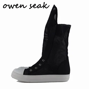 Owen Seak/Мъжки Дамски обувки С висок берцем, Луксозни маратонки дантела, Мрежести Ежедневни Сандали на равна подметка, Лятна обувки в Черен Цвят, Голям Размер