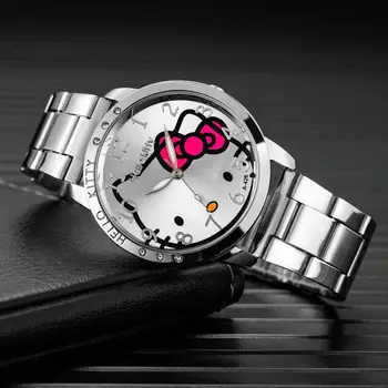 Sanrio Гореща разпродажба, кварцов часовник с изображение на коте и за котката, дамски часовници с проста стоманена каишка, творчески подарък за рожден ден