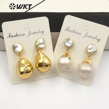 WT-E487 WKT на Едро обеци с естествени перли в стил барок, бели и златни дамски големи перлени обеци, модни бижута с различна форма и размер