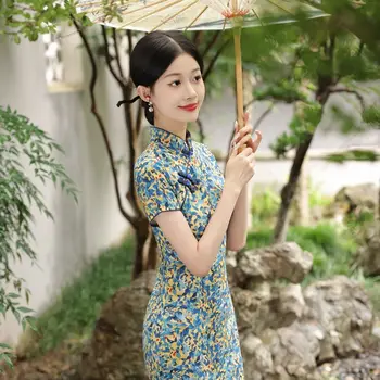 Yourqipao Есен винтажное ретро китайското рокля Чонсам Винтажное плътно тънката рокля женски сватбени рокли от шенилна плюс размер