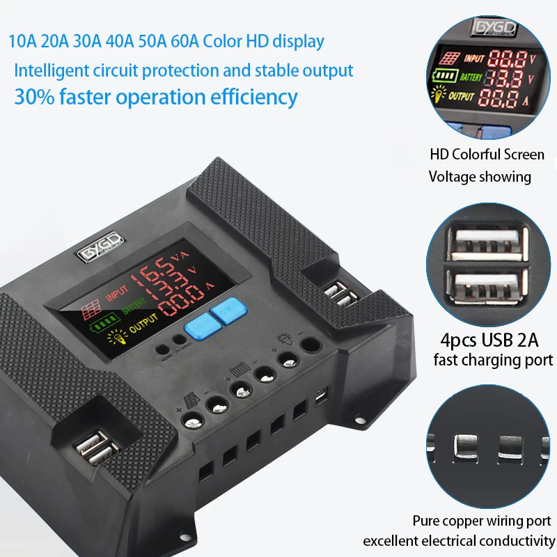 40A PWM Контролер за соларни панели 12 В 24 В Контролер на заряд на слънчеви батерии с 4 бр. USB порт, цветен екран за ГЕЛ-оловно-киселинни