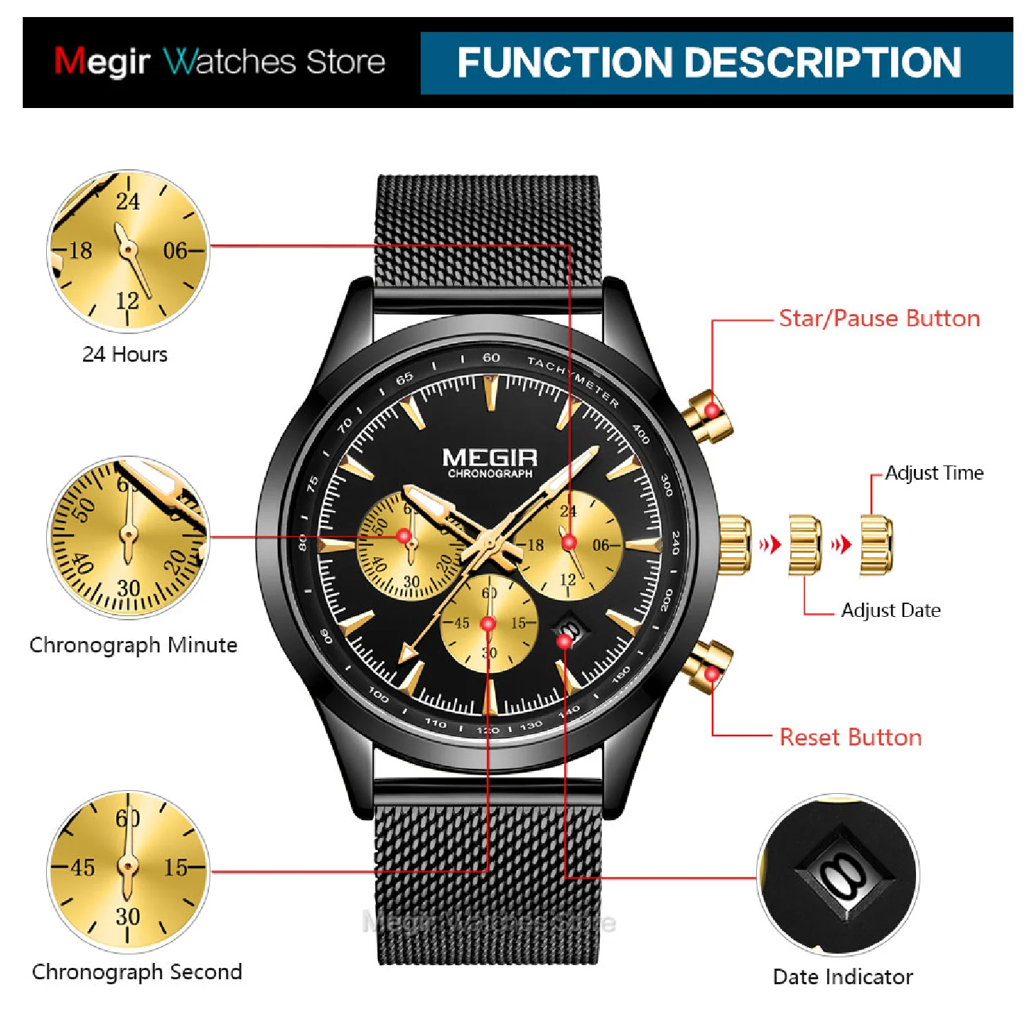 MEGIR Военни спортни часовници за мъже 2023 Нови луксозни водоустойчив светещи ръчен часовник мъжки часовник с хронограф от черното злато 2153