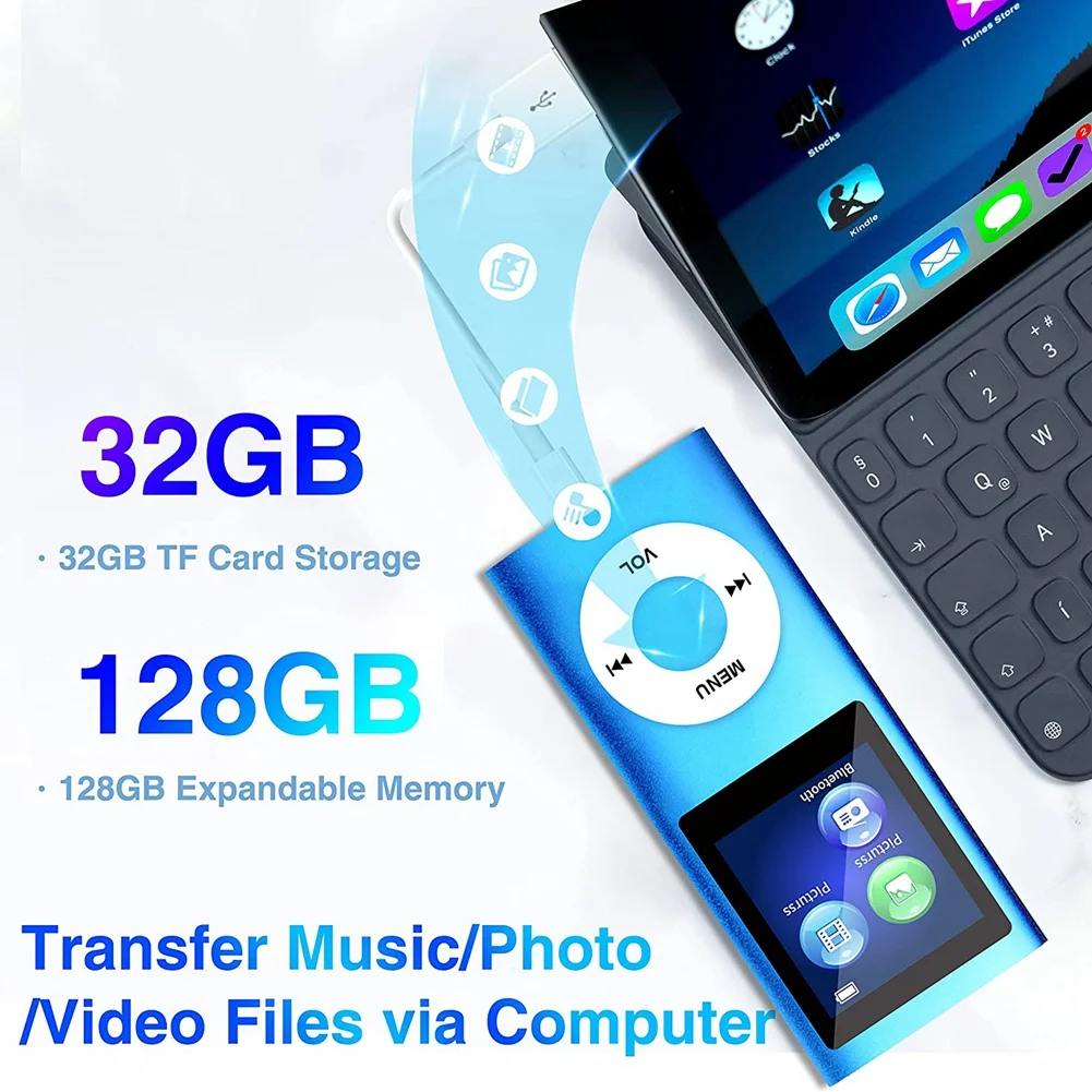 MP3-плейър с Bluetooth 5.0, Музикален плейър с 32 GB TF карта, FM радио, Слушалки, Преносим Музикален плеър, HiFi (черен)