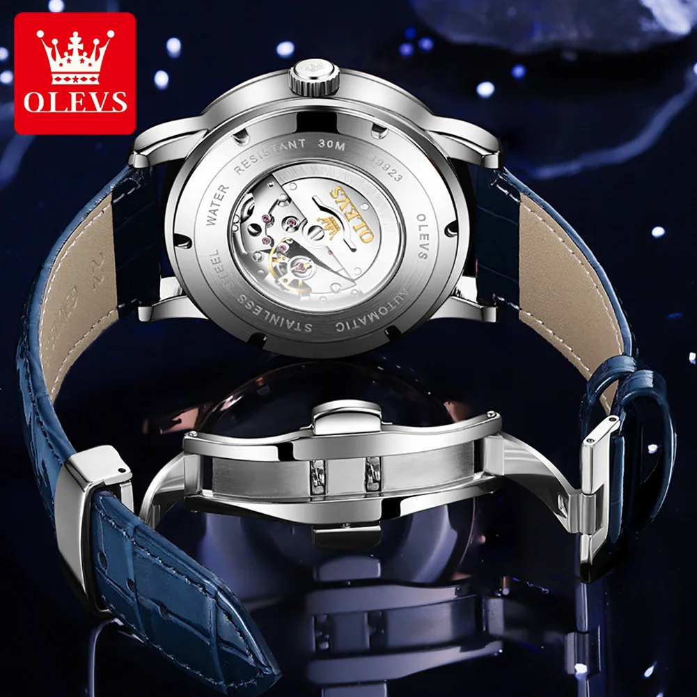 OLEVS 2023 Нови мъжки автоматичен часовник с кожена каишка, мъжки модни механични часовници цвят на небето, светещи водоустойчив Reloj Hombre
