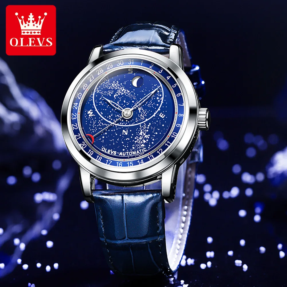 OLEVS 2023 Нови мъжки автоматичен часовник с кожена каишка, мъжки модни механични часовници цвят на небето, светещи водоустойчив Reloj Hombre