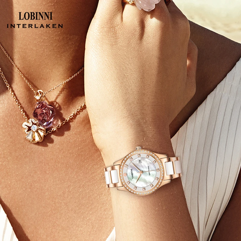 Дамски часовници LOBINNI, изискан син сапфир дизайн, уникални водоустойчив кварцов часовник с автоматично от неръждаема стомана