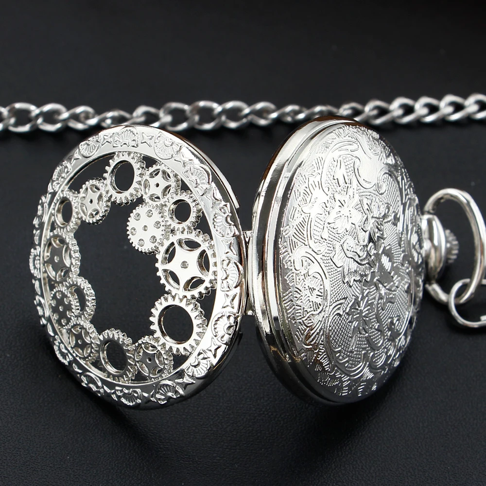 Луксозни сребърни кръгли съоръжения Аналогов дизайн на кварцови часовници джобни-ключодържател Ретро Модни часовници джобни колие за мъже и жени