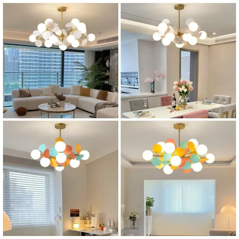 Полилей SANDYHA Модерен цветен акрил окачен лампа със стъклена топка, дизайн клони, led лампа за детски стаи, интериор за хол