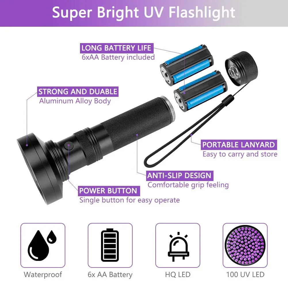 Преносим UV фенерче Ултравиолетова 395нм черна светлина джобен UV фенерче Детектор на светлината на урина от домашни животни за откриване на сухите петна от урина на домашни любимци легло дървеница