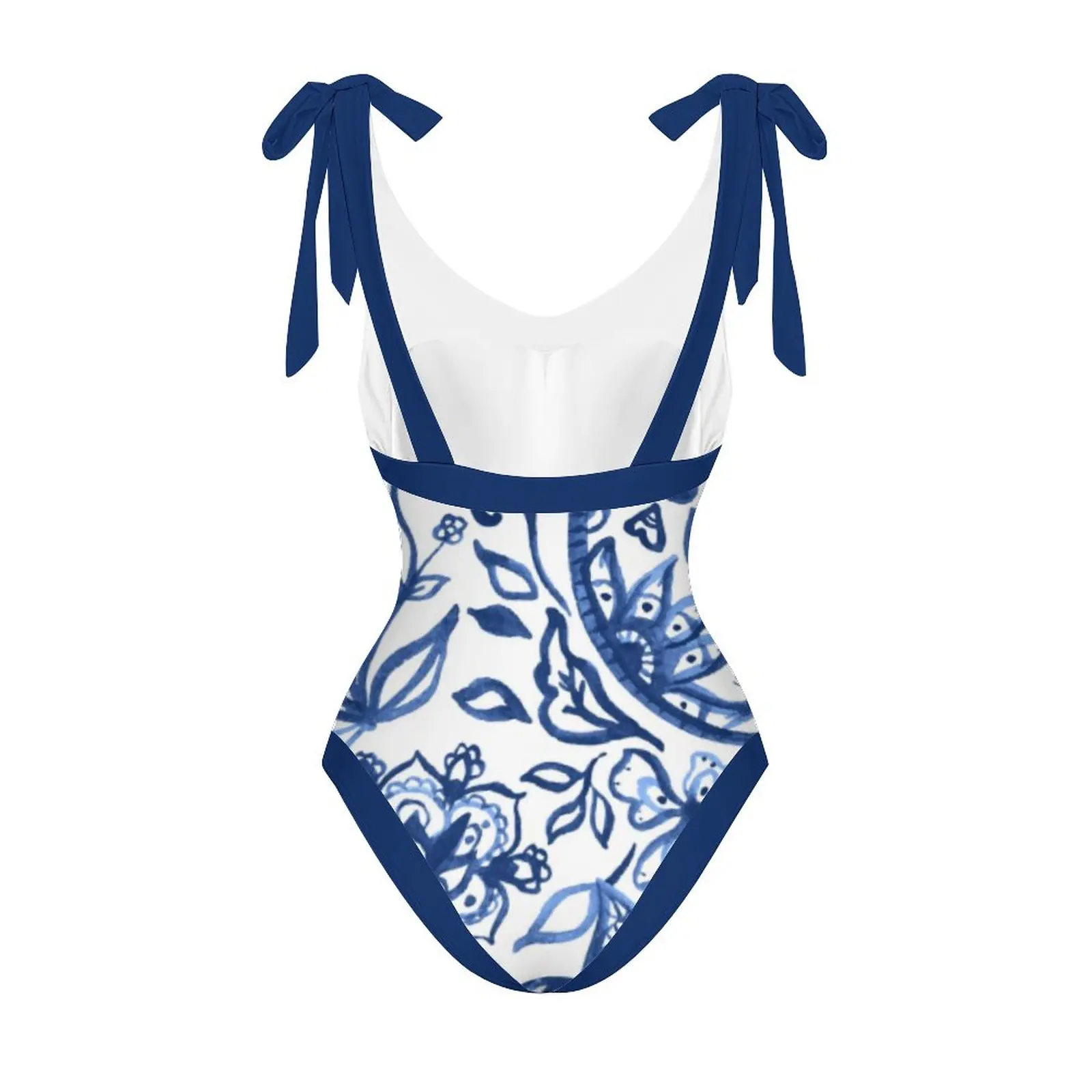 Реколта дамски бански костюм с бяло-синьо фарфоровым принтом 2023, поли до коляното, секси бикини с V-образно деколте и с папийонка, плажни костюми, без облегалка