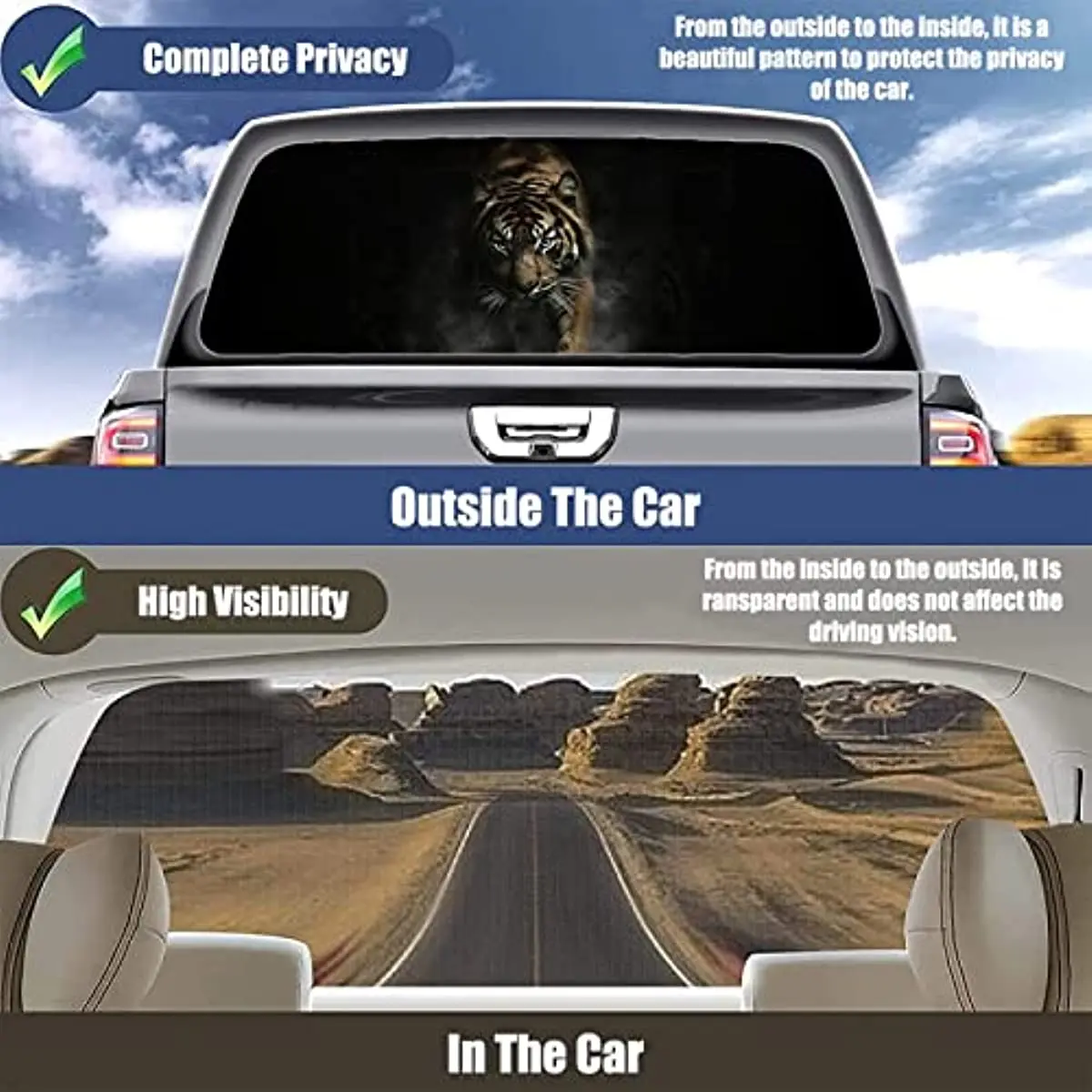 Стикер на задното стъкло Тигър, автомобили стикер, реалистичен стил, графичен стикер на прозореца, перфорирана vinyl стикер на задното стъкло за кола