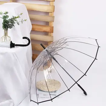 Автоматично прозрачен чадър с дълга дръжка, голям чадър, горски японски студентски чадър от слънцето, дамски прав чадър