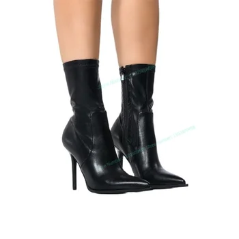 Ботильоны от черна матова кожа, однотонная дамски обувки с остър пръсти на тънък висок ток, модни обувки 2023 г., Zapatos Para Mujere