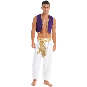Възрастен мъжки арабски крал принц, облекло за ролеви игри, Хелоуин, Карнавал, с костюм за парти, жилетка с пайети + панталон с колан