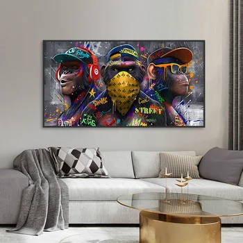 Графити стенен художествен плакат с три модерен хип-хоп маймуни, стенни картини на животни, модерен начало декор, платно, принт, декорация на всекидневна