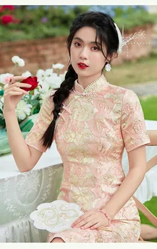 Дамски летни рокли Ципао от жаккардового преплитат с розови цветя в китайски стил