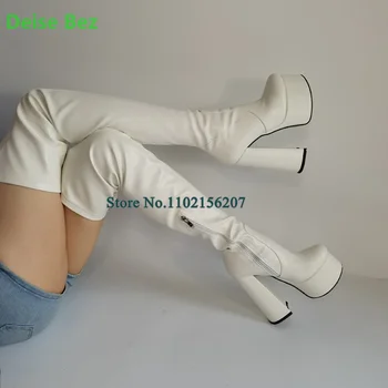 Дамски обувки на платформа с квадратна ток от лачена кожа, дамски ботуши над коляното с кръгло бомбе, секси размер 34-45, однотонная модерни обувки за подиум