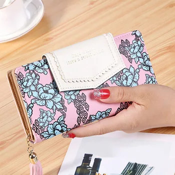 Дамски портфейли-клатчи джоб с пискюли, чантата с флорални засовом, женски дълъг портфейл, чанта за телефон, държач за кредитни карти, снимки, чантата си за дреболии