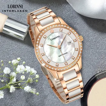 Дамски часовници LOBINNI, изискан син сапфир дизайн, уникални водоустойчив кварцов часовник с автоматично от неръждаема стомана