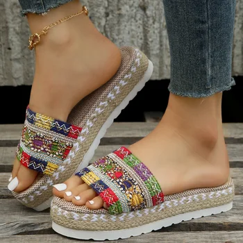 Европейски и американски етнически стил, по-големи размери, дамски чехли от пеньковой въжета с рибено уста, чехли ярки цветове, новост 2023 г., дамски обувки