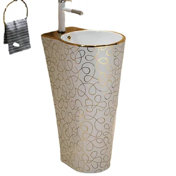 Златна стилна кръгла мивка на стойка, керамична мивка за баня със стойка, мивка на стойка с переливом