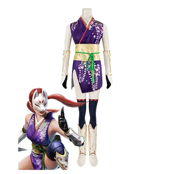 Игри костюм за cosplay, Tekken Kunimitsu, секси лилаво боен костюм за момичета, Чонсам с ръкавици, чорапи, костюм