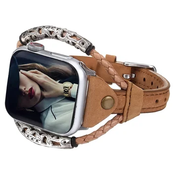 Каишка от естествена кожа за Apple Watch Band 40 мм 44 мм ultra 49 мм 38 мм 42 мм луксозна Гривна Iwatch series 8 7 6 5 4 3 SE 41 мм 45 мм