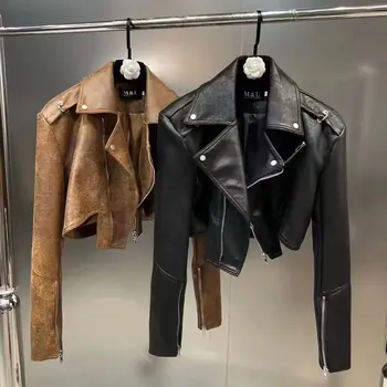 Кожени палта, дамска мода, пролет и есен 2023, нова мотоциклетът къс яке, дамски дрехи