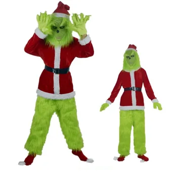 Коледен костюм на Дядо Коледа със зелена кожа на Чудовището за cosplay, костюми на Дядо Коледа, дрехи от аниме, забавна Коледна маска, ръкавици, комплект за парти на Хелоуин