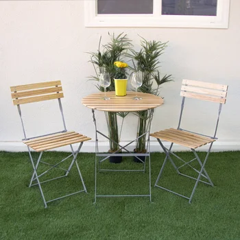 Комплект за вътрешен двор-бистро Alpine Corporation от 3 теми с дървена пръчка, маса и 2 стола, градинска мебел за слънчеви бани, мебели за тераса
