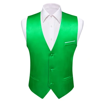 Луксозен жилетка за мъжете, копринен сатен, зелен монофонични оборудвана жилетка, бизнес яке без ръкави Бари Уонг